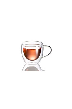 Neskafe Çay Fincanı Çift Cidarlı Cam Kupa 250 ml Kulplu Cam Bardak 4 Adet 2037
