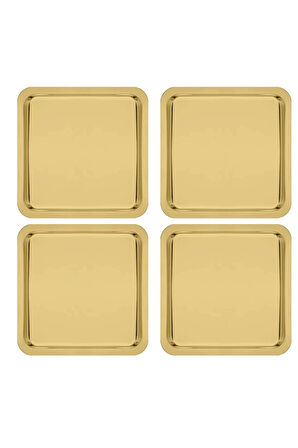 Paslanmaz Çelik Gold Renk Sunum Tepsisi 21 X21 Cm Çay Kahve Pasta Tatlı Servis Sunum Tepsisi 4 Adet