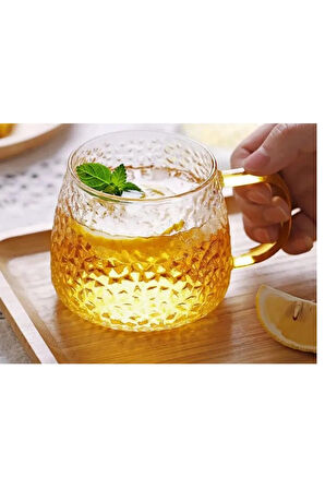 Yeni Tasarım Ezme Dövülmüş Desen Kupa Sarı Kulplu 350 ml Cam Fincan 6 Adet
