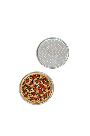 Orta Boy Delikli Pizza Tepsisi Lahmacun Tepsisi 32 Cm ve Paslanmaz Çelik Siyah Pizza Bıçağı 4 Adet
