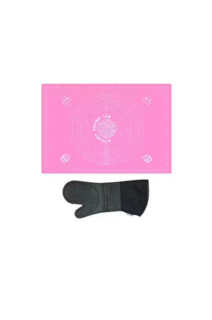 2'li Set Pembe 45x65 Cm Silikon Hamur Açma Matı Ve Gri Silikon Yanmaz Mutfak Fırın Eldiveni
