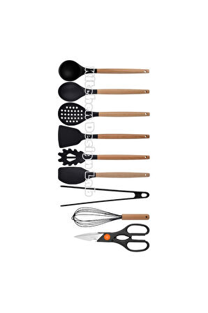 Siyah Bambu Silikon - Kepçe, Kaşık, Kevgir, Makarna, 2 Spatula, Silikon Maşa, Makas, Çırpıcı, 9 Adet