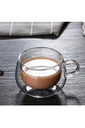 Yeni Tasarım Çift Cidarlı 200 ml Kulplu Cam Bardak, Neskafe Fincanı, Çay Kupası, 4 Adet 2673