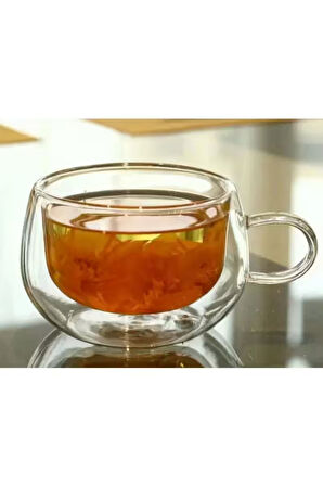 Yeni Tasarım Çift Cidarlı 200 ml Kulplu Cam Bardak, Neskafe Fincanı, Çay Kupası, 4 Adet 2673