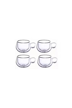 Yeni Tasarım Çift Cidarlı 200 ml Kulplu Cam Bardak, Neskafe Fincanı, Çay Kupası, 4 Adet 2673