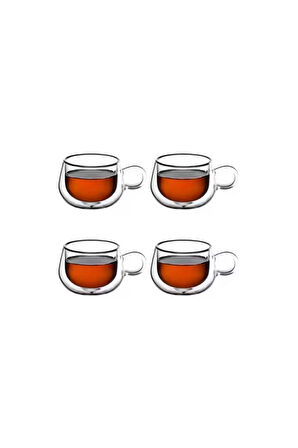 Yeni Tasarım Çift Cidarlı 200 ml Kulplu Cam Bardak, Neskafe Fincanı, Çay Kupası, 4 Adet 2673