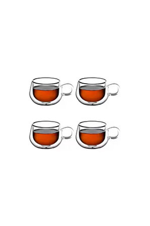Yeni Tasarım Çift Cidarlı 200 ml Kulplu Cam Bardak, Neskafe Fincanı, Çay Kupası, 4 Adet 2673