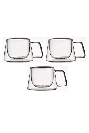 Yeni Tasarım Neskafe Ekspresso Fincanı, Çift Cidarlı Kulplu Cam Fincan 3 Adet 1836