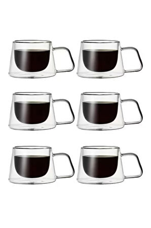 Yeni Tasarım Neskafe Ekspresso Fincanı, Çift Cidarlı Kulplu Cam Fincan 6 Adet 1836