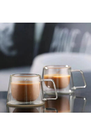 Yeni Tasarım Neskafe Ekspresso Fincanı, Çift Cidarlı Kulplu Cam Fincan 6 Adet 1836