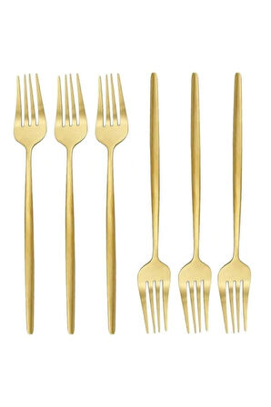 Lüks Mat Gold 6 Parça Yemek Çatalı Seti - Mat Altın 6 Parça Yemek Çatalı