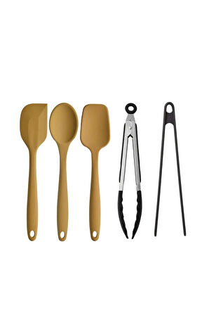 5 Li Sarı Yanmaz Yapışmaz Silikon Düz Yassı Spatula Kaşık 3 Adet Siyah Metal Ve Silikon Maşa 2 Adet