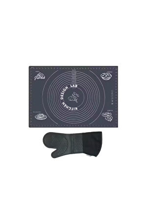 2'li Set Gri 45x65 Cm Silikon Hamur Açma Matı Ve Gri Silikon Yanmaz Mutfak Fırın Eldiveni