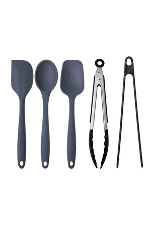 5 Li Antrasit Yanmaz Silikon Düz Yassı Spatula Kaşık 3 Adet Siyah Metal Ve Silikon Uçlu Maşa 2 Adet