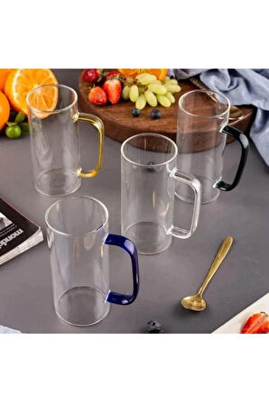 Yeni Stil Sarı Renkli Borosilikat Cam Yuvarlak Nescafe,Latte,Kahve Kulplu Kupa 400 ML 4 Adet