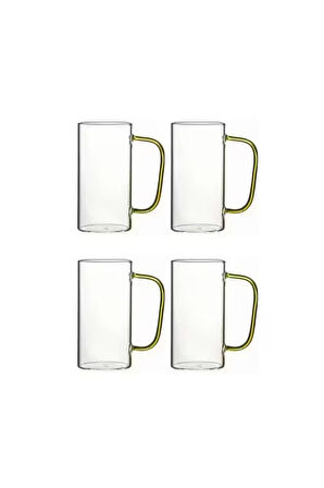 Yeni Stil Sarı Renkli Borosilikat Cam Yuvarlak Nescafe,Latte,Kahve Kulplu Kupa 400 ML 4 Adet