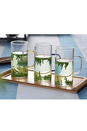 Yeni Stil Sarı Renkli Borosilikat Cam Yuvarlak Nescafe,Latte,Kahve Kulplu Kupa 400 ML 4 Adet