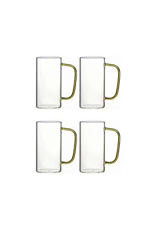 Yeni Stil Sarı Renkli Borosilikat Cam Yuvarlak Nescafe,Latte,Kahve Kulplu Kupa 400 ML 4 Adet