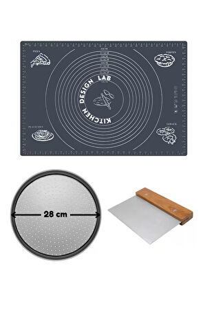 Gri Silikon Hamur Açma Matı 45 X 65 Cm, 28 Cm Pizza Tepsisi Ve Ahşap Saplı Hamur ve Pizza Kesici