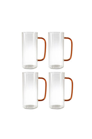 Yeni Stil Turuncu Renkli Borosilikat Cam Yuvarlak Nescafe,Latte,Kahve Kulplu Kupa 400 ML 4 Adet