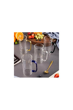 Yeni Stil Yeşil Renk Borosilikat Yuvarlak Cam Neskafe, Latte, Kahve Bardak Kulplu Kupa 400 ml 4 Adet