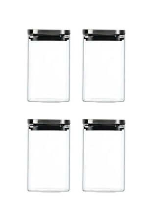 Vakum Krom Kapaklı Kare Cam Kavanoz 8x8x13 Cm - 650 ml Cam Baharatlık Saklama Kabı 4 Adet