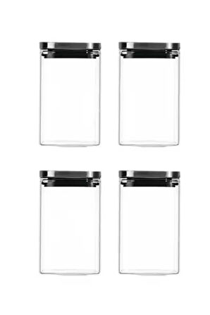 Vakum Krom Kapaklı Kare Cam Kavanoz 8x8x13 Cm - 650 ml Cam Baharatlık Saklama Kabı 4 Adet
