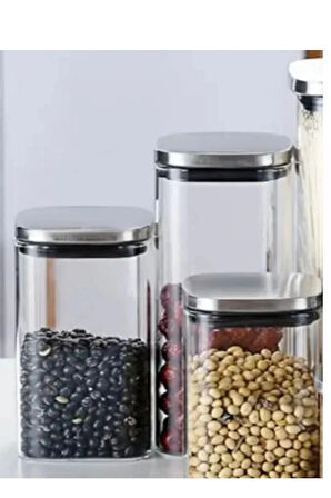 Vakum Krom Kapaklı Kare Cam Kavanoz 8x8x13 Cm - 650 ml Cam Baharatlık Saklama Kabı 4 Adet