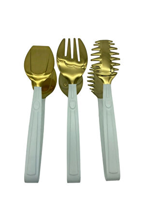 Lüks 3 Parça Beyaz Gold Servis Sunum Makarna Salata Pasta Maşa Seti - Paslanmaz Çelik