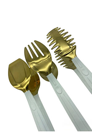 Lüks 3 Parça Beyaz Gold Servis Sunum Makarna Salata Pasta Maşa Seti - Paslanmaz Çelik