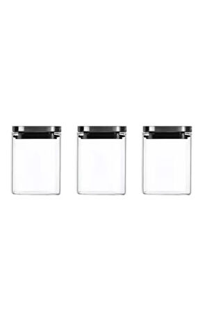 Vakum Krom Kapaklı Kare Cam Kavanoz 8x8x13 Cm -650 ml Cam Baharatlık Saklama Kabı 3 Adet