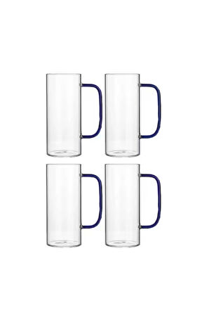 Yeni Stil Mavi Renkli Borosilikat Cam Yuvarlak Nescafe,Latte,Kahve Kulplu Kupa 400 ML 4 Adet