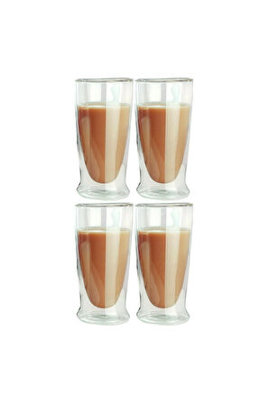 Çift Cidarlı Uzun Cam Kokteyl -Meşrubat-Latte Bardağı 350 ML 4 Adet 2323
