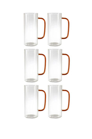 Yeni Stil Turuncu Renkli Borosilikat Cam Yuvarlak Nescafe,Latte,Kahve Kulplu Kupa 400 ML 6 Adet
