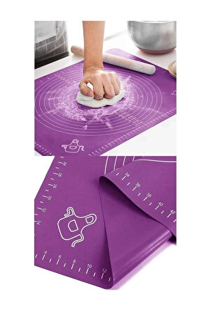 Mor Ölçülü Hamur Açma Matı 45 X 65 Cm ve Paslanmaz Çelik Ahşap Saplı Hamur Kesici Kazıyıcı Spatula