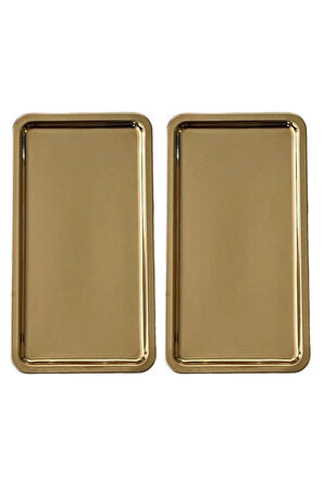 Paslanmaz Çelik Gold Renk Dikdörtgen Geniş Metal Düz Sunum Tepsisi Çay Kahve Tatlı Sunum 1 Adet