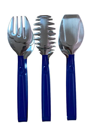 3 Parça Gümüş Mavi Paslanmaz Çelik Makarna, Salata, Pasta Maşa Seti Paslanmaz Çelik