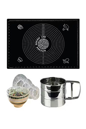 Siyah 45x65 Cm Silikon Hamur Açma Matı, Çelik Un Eleği ve Hamur Dinlendirme Poşeti 8 li
