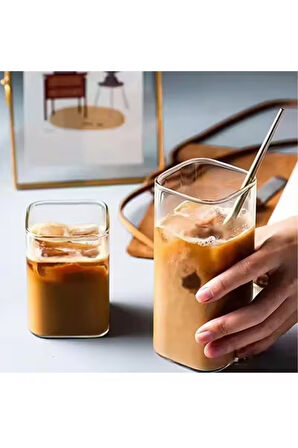 Yeni Stil Kare Cam Latte,Kahve,Meşrubat,smoothie Bardağı 400 ML 4 Adet
