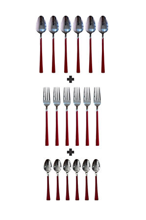 Parlak Gümüş Kırmızı Pasta Tatlı Kaşık-Çatal-Çay Kaşığı Seti, 18 Adet Gümüş