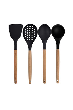 Siyah Bambu Silikon - Kepçe, Kaşık, Kevgir, Makarna, 2 Spatula, Makas, Silikon Kaşık, Metal Maşa