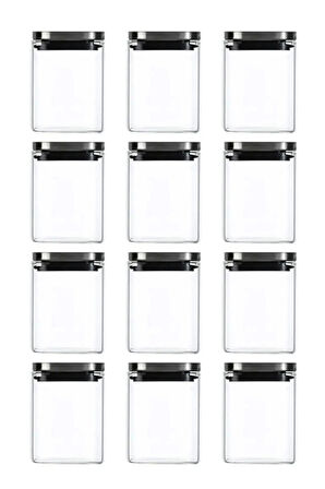 Vakum Krom Kapaklı Kare Cam Kavanoz 8x8*10 Cm - 500 Ml Cam Baharatlık Saklama Kabı 12  Adet