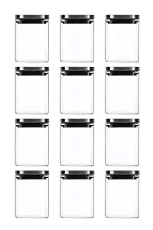 Vakum Krom Kapaklı Kare Cam Kavanoz 8x8*10 Cm - 500 Ml Cam Baharatlık Saklama Kabı 12  Adet