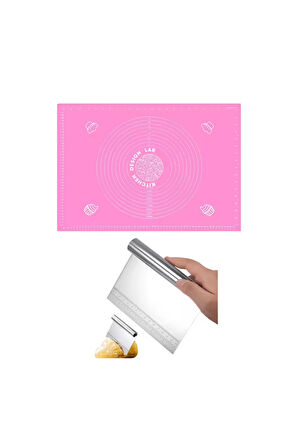 Pembe Silikon Ölçülü Çok Amaçlı Hamur Açma Matı 45 Cm X 65 Cm ve Ölçülü Çelik Hamur Kesme Spatulası