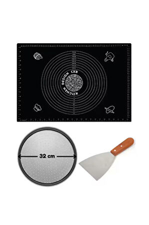 Siyah Hamur Açma Matı 45 X 65 Cm, 32 Cm Pizza Tepsisi Ve Ahşap Uzun Saplı Hamur ve Pizza Kesici