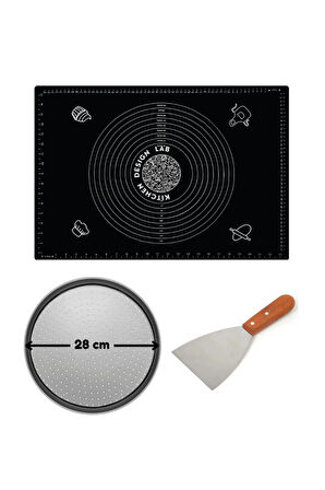 Siyah Hamur Açma Matı 45 X 65 Cm, 28 Cm Pizza Tepsisi Ve Ahşap Uzun Saplı Hamur ve Pizza Kesici