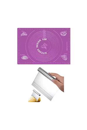 Mor Silikon Ölçülü Çok Amaçlı Hamur Açma Matı 45 Cm X 65 Cm ve Ölçülü Çelik Hamur Kesme Spatulası