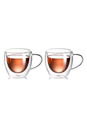 Neskafe Çay Fincanı Çift Cidarlı Cam Kupa 250 ml Kulplu Cam Bardak 2 Adet 2037