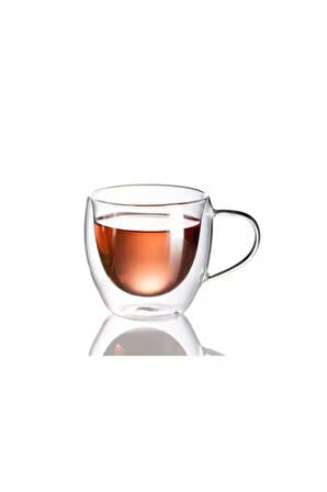 Neskafe Çay Fincanı Çift Cidarlı Cam Kupa 250 ml Kulplu Cam Bardak 2 Adet 2037
