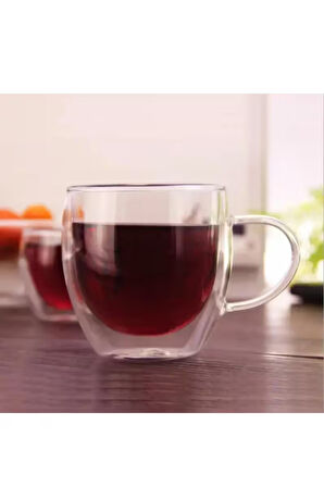 Neskafe Çay Fincanı Çift Cidarlı Cam Kupa 250 ml Kulplu Cam Bardak 2 Adet 2037